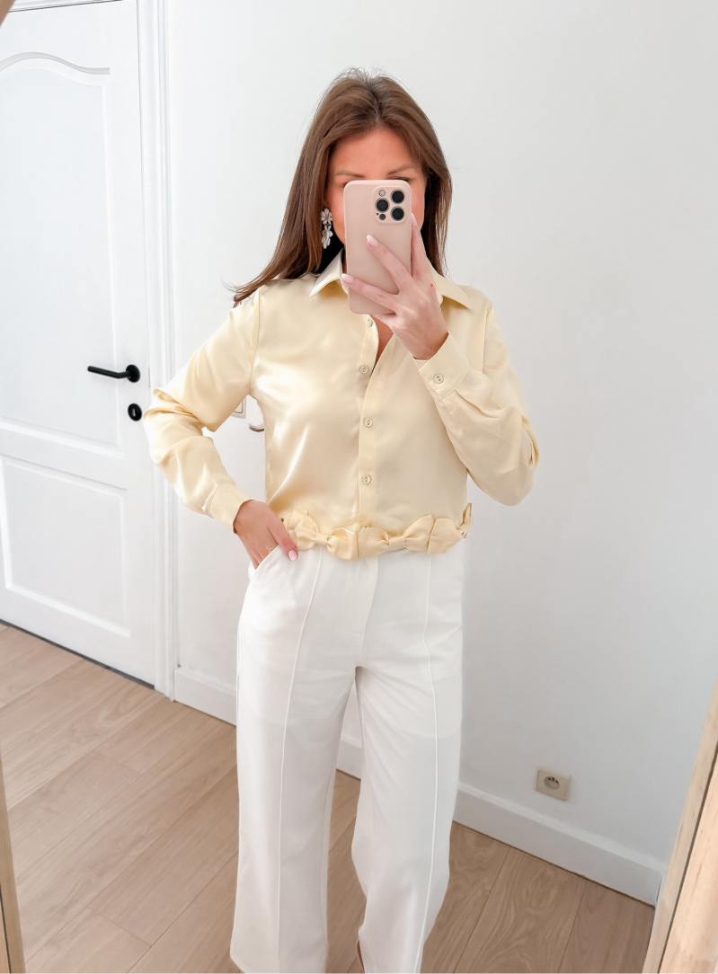 Yellow Satin Bow Crop Blouse — S