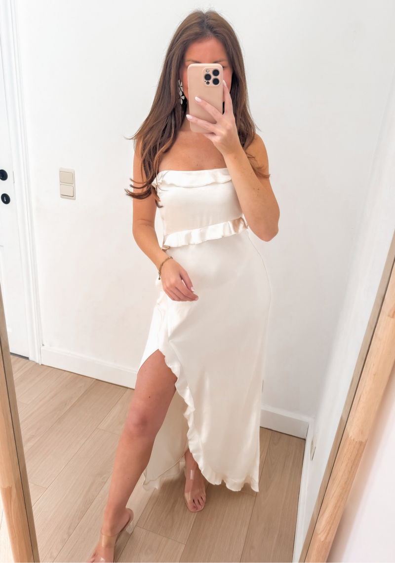 Cream Satin Off Shoulder Dress — S