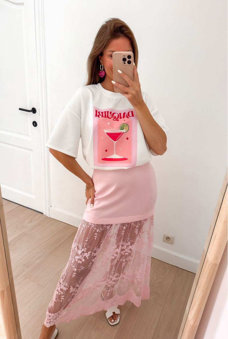 Pink Long Lace Skirt — S/M