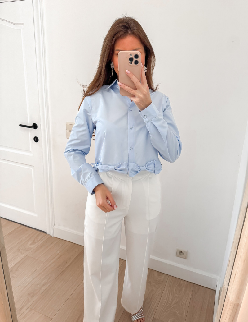Blue Cotton Bow Crop Blouse — S