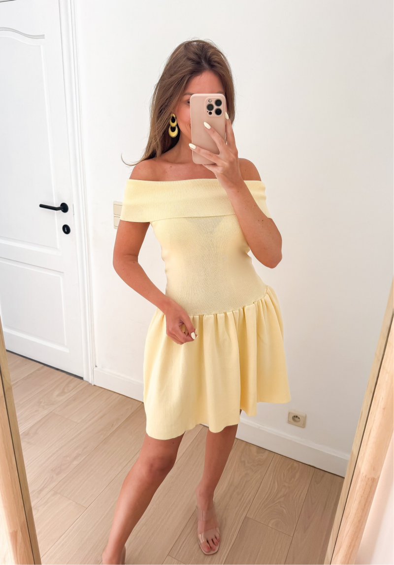 Yellow Off Shoulder Stretch Dress