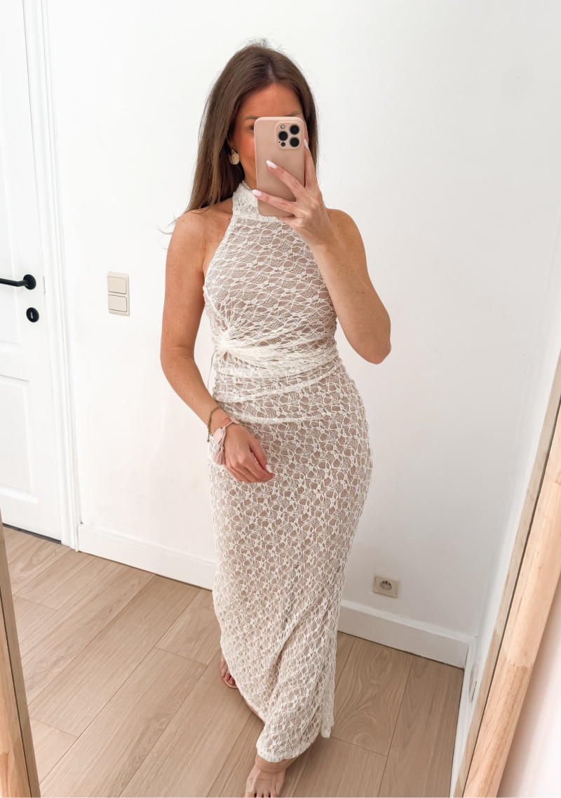 Cream Halter Lace Maxi Dress — S