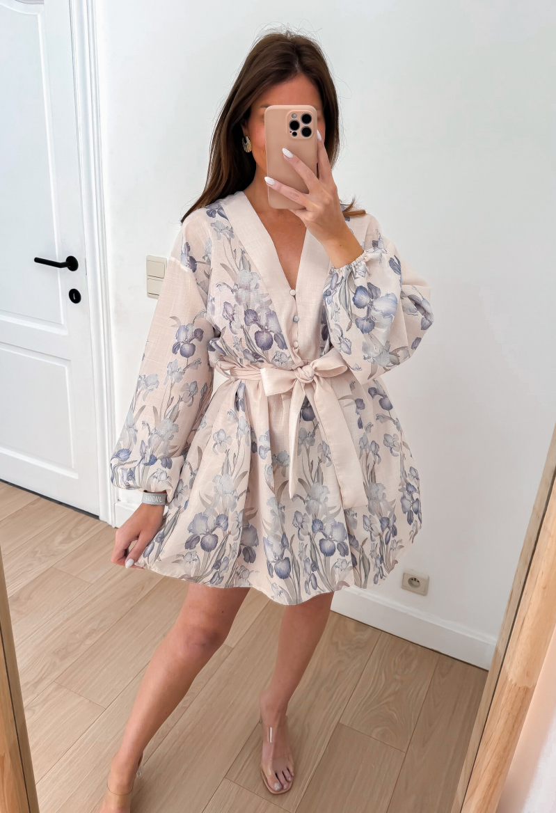 Blue Linnen Flower Summer Dress — S/M