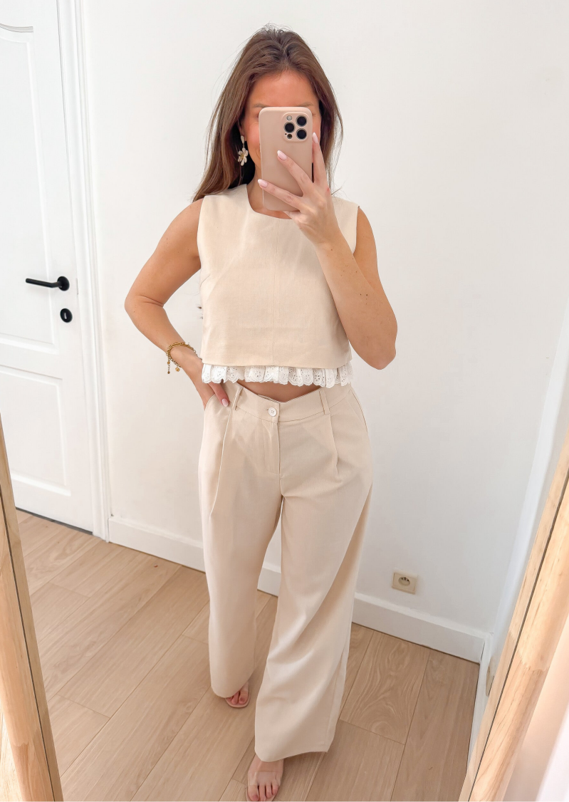 Beige Linnen High Waist Trousers — XS