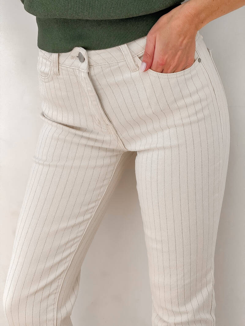 Beige Striped MOM Jeans — XS