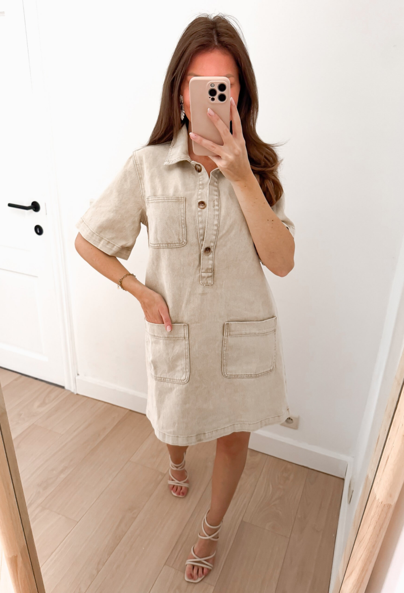 Beige Jeans Collar Dress — S