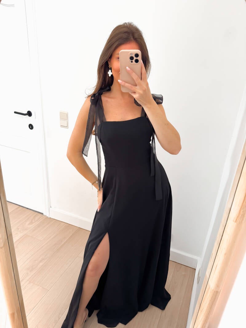 Black Tulle Bow Maxi Dress — S